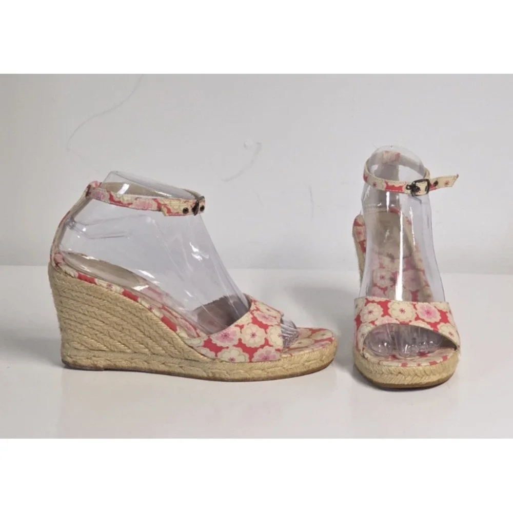 J Crew Womens 9 Espadrille Wedge Heels Floral Canvas Ankle Strap Sandals Pink